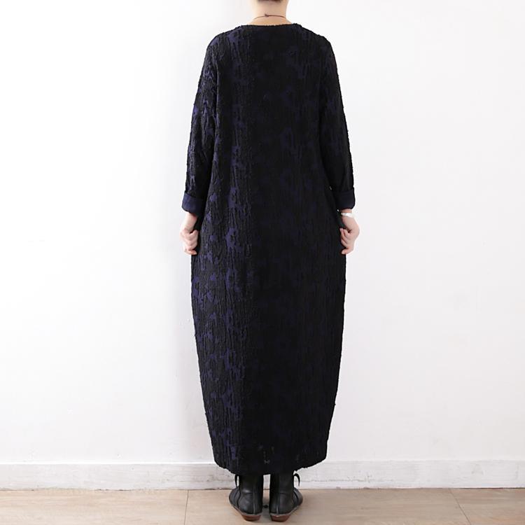 New dark blue maxi dress plus size caftans v neck asymmetric Jacquard traveling  clothing - Omychic
