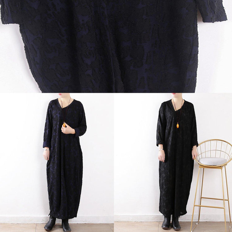 New dark blue maxi dress plus size caftans v neck asymmetric Jacquard traveling  clothing - Omychic