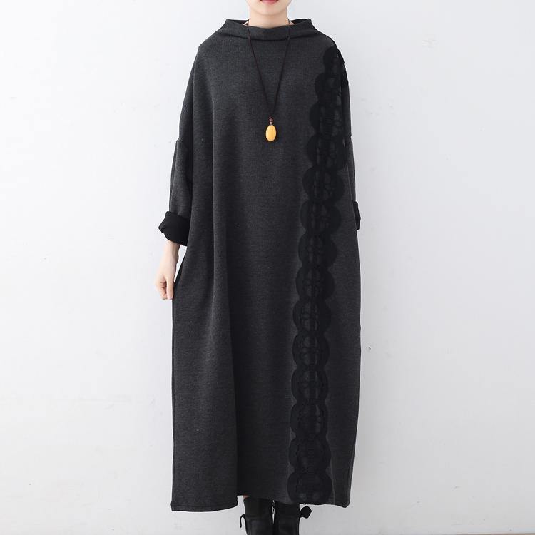 New dark gray knit dresses oversize O neck lace spring dresses women patchwork asymmetric sweater - Omychic