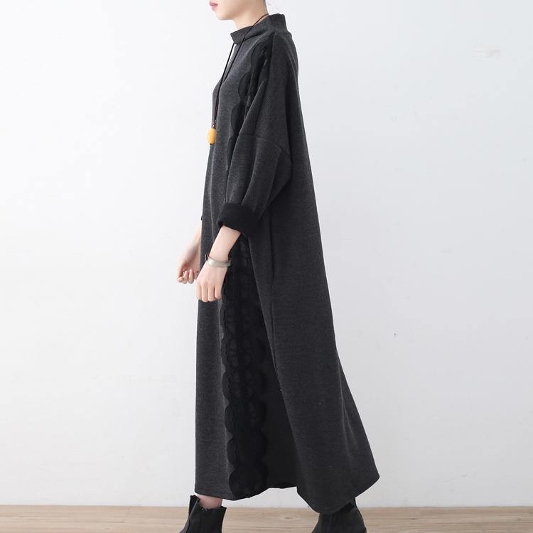 New dark gray knit dresses oversize O neck lace spring dresses women patchwork asymmetric sweater - Omychic