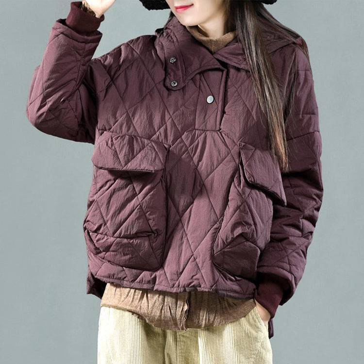 New dark purple womens parkas plus size jacket winter hooded zippered overcoat - Omychic
