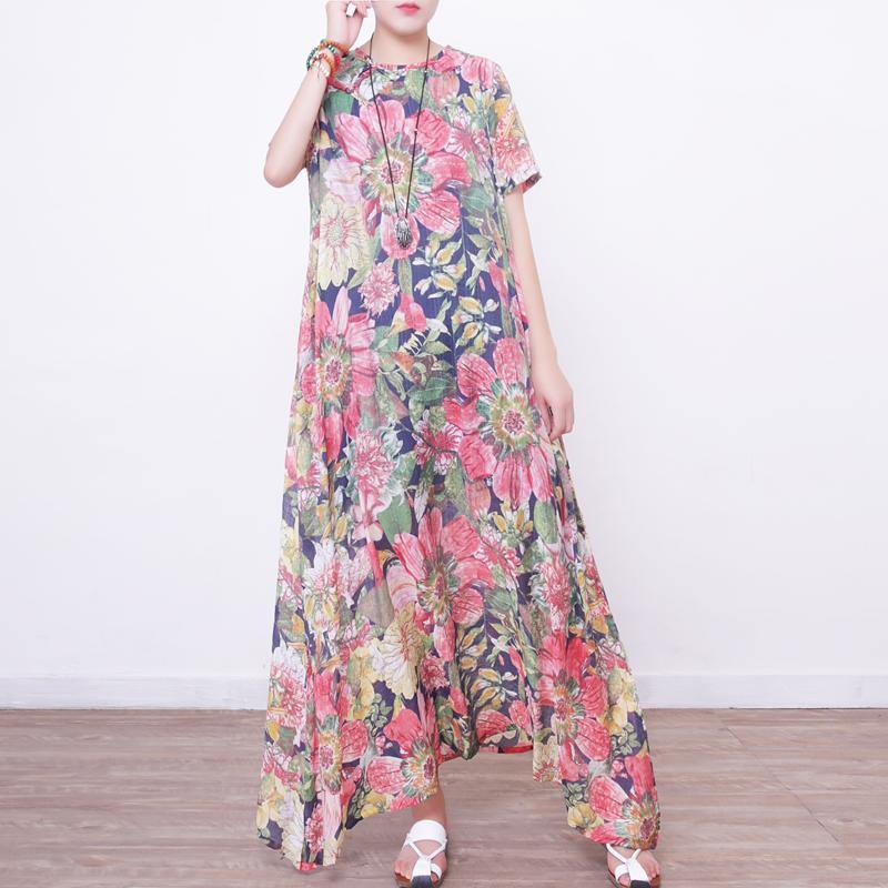 New floral long dresses Loose fitting short sleeve cotton clothing dresses vintage Chinese Button gown - Omychic