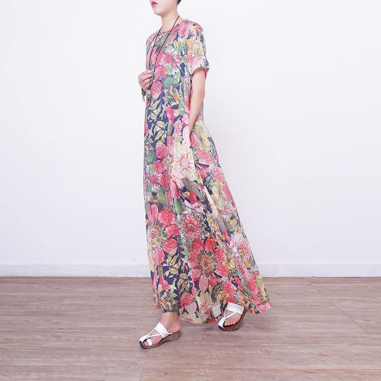 New floral long dresses Loose fitting short sleeve cotton clothing dresses vintage Chinese Button gown - Omychic