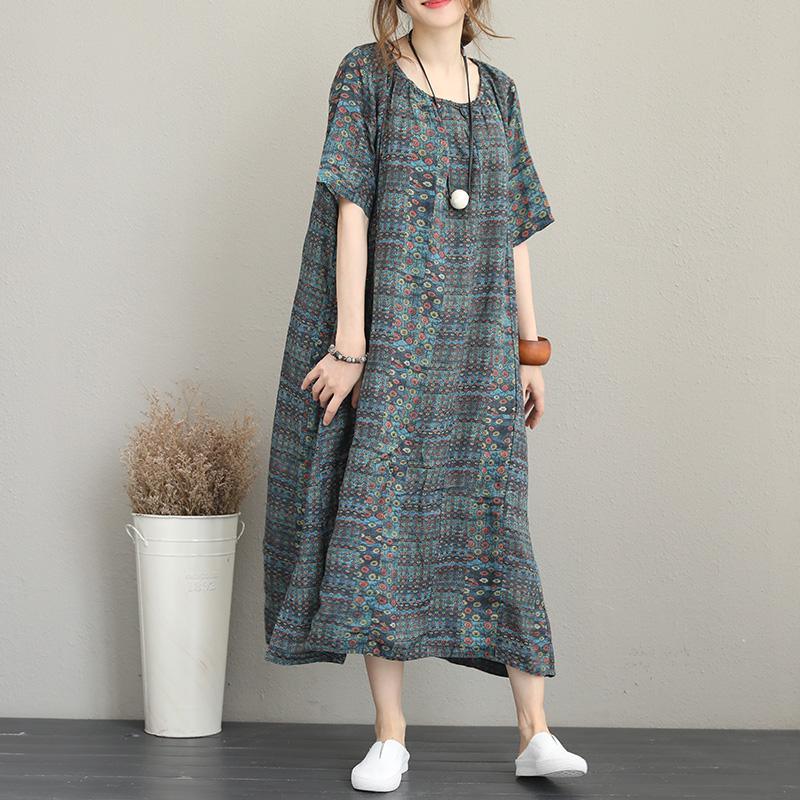 New floral long silk linen dresses plus size clothing O neck short sleeve caftans top quality baggy dresses kaftan - Omychic