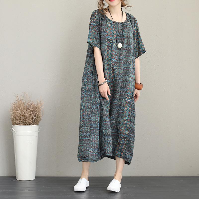 New floral long silk linen dresses plus size clothing O neck short sleeve caftans top quality baggy dresses kaftan - Omychic