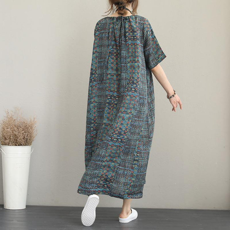 New floral long silk linen dresses plus size clothing O neck short sleeve caftans top quality baggy dresses kaftan - Omychic