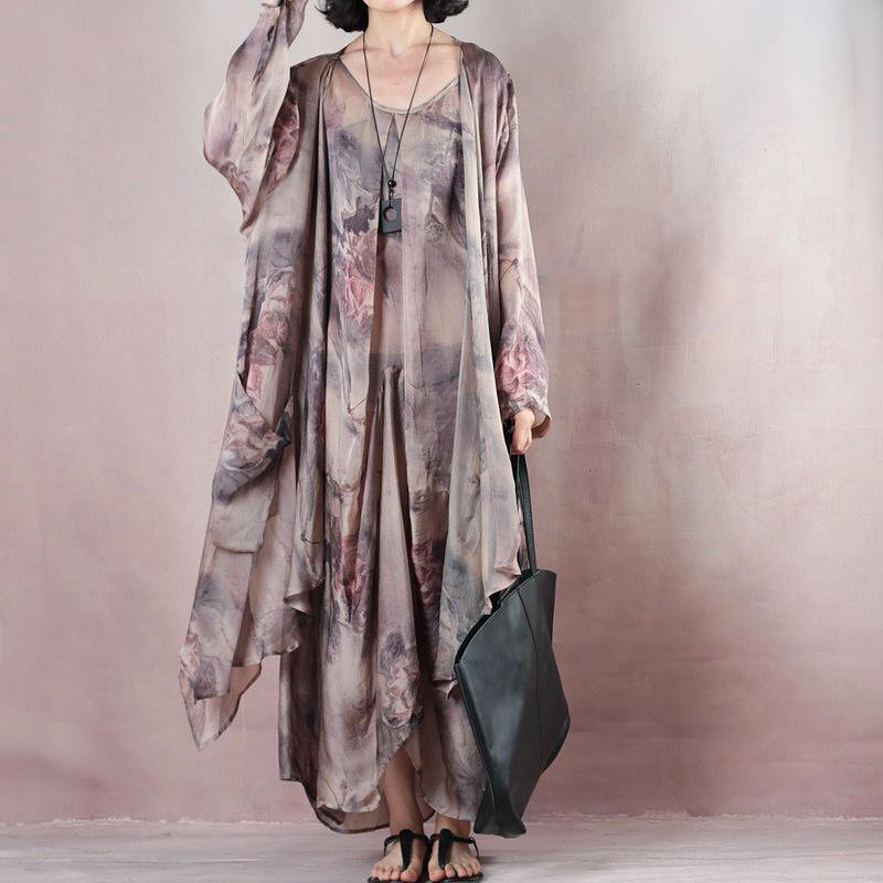 New Floral Silk Dress Casual O Neck Linen Maxi Dress Women Fashion Clothes New Two Pieces Kaftan - Omychic