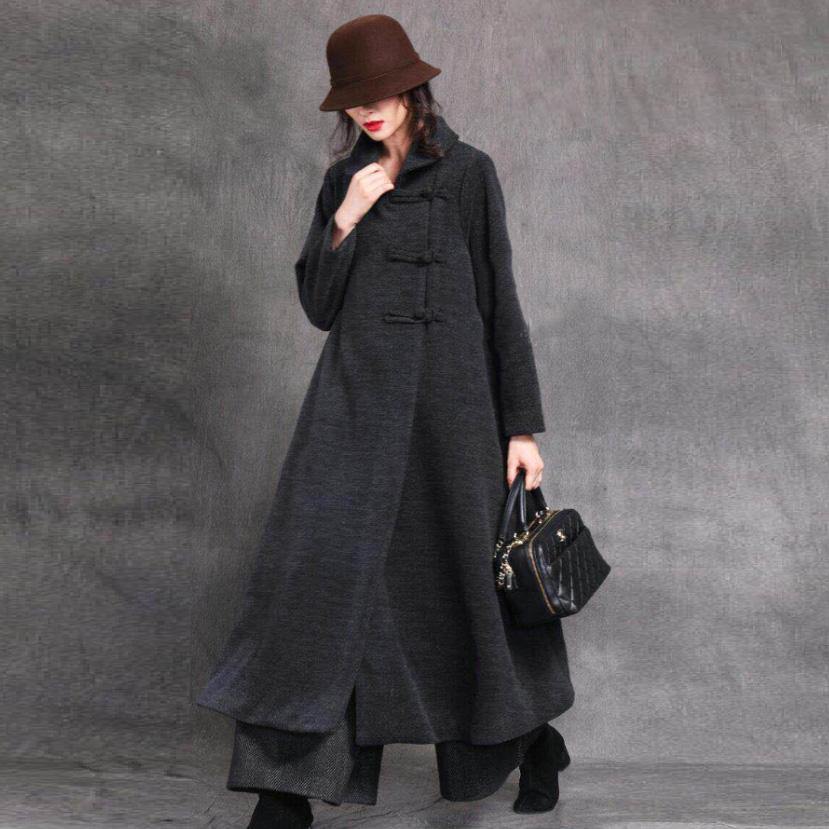 New gray black plus size long winter woolen outwear Square Collar Chinese Button coat - Omychic