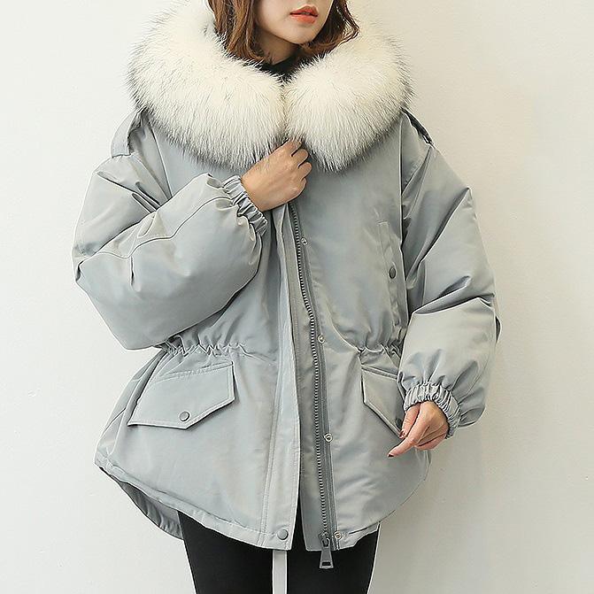 New gray blue down coat winter plus size faux fur collar snow jackets elastic waist winter outwear - Omychic