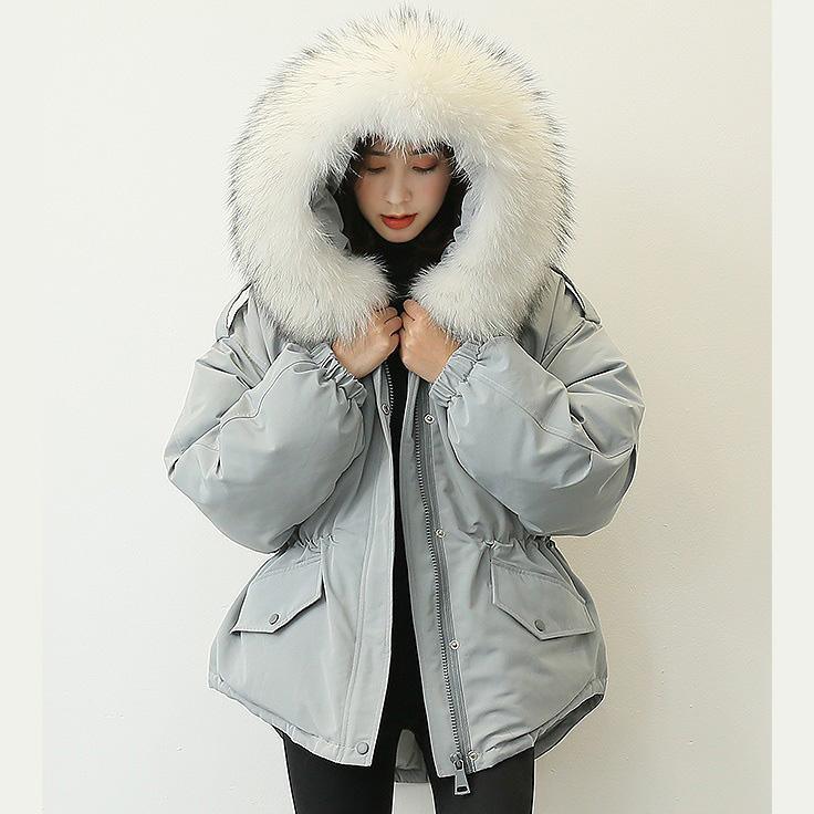 New gray blue down coat winter plus size faux fur collar snow jackets elastic waist winter outwear - Omychic