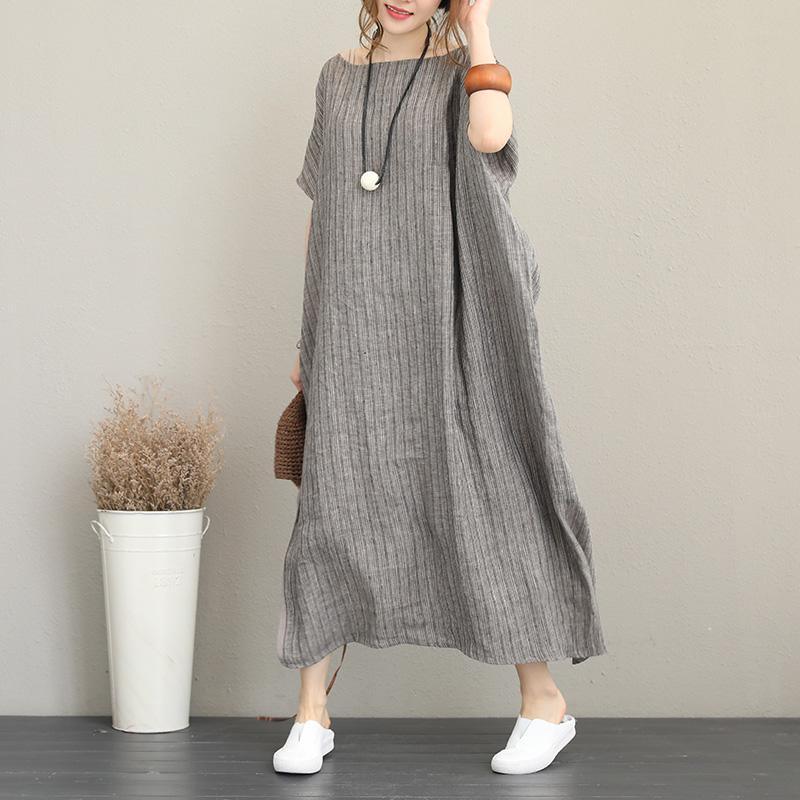 New gray natural linen blended dress trendy plus size O neck short sleeve caftans Fine patchwork back open maxi dresses - Omychic