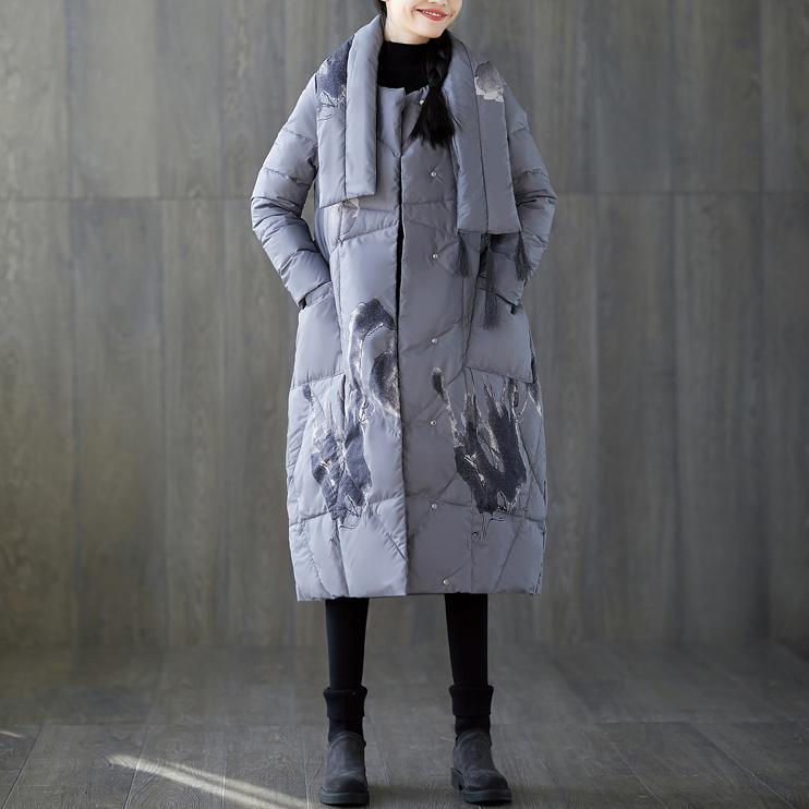 New gray print winter down coat oversized tassel New pockets down coat - Omychic