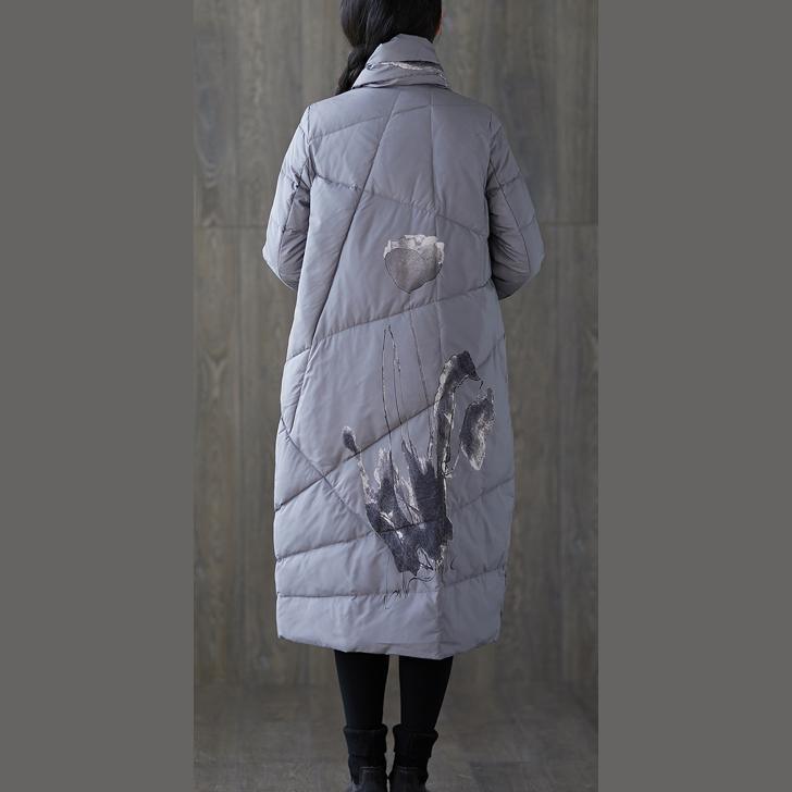 New gray print winter down coat oversized tassel New pockets down coat - Omychic