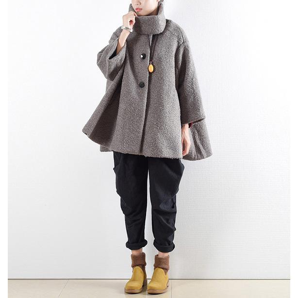 New gray wool tops oversize length coat o neck outwear pockets large hem tops - Omychic