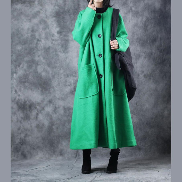 New green coats trendy plus size o neck Winter coat vintage pockets large hem long coat - Omychic
