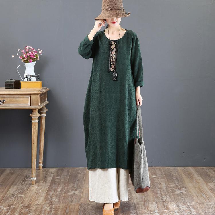 New green fall dress plus size embroidery fall dresses top quality o neck maxi dresses - Omychic