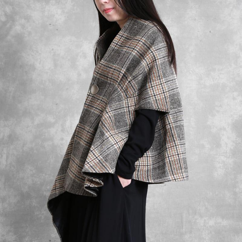 New khaki plaid Woolen Coats plus size medium length coat outwear asymmetric Batwing Sleeve - Omychic