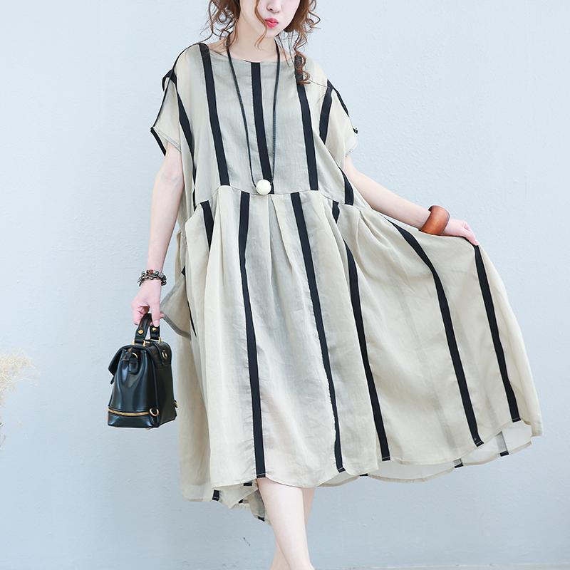 New khaki striped linen caftans Loose fitting O neck patchwork linen clothing dresses casual short sleeve dress - Omychic