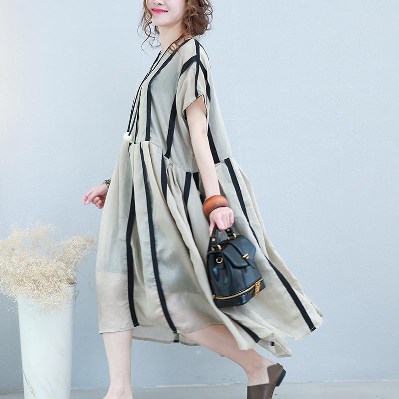 New khaki striped linen caftans Loose fitting O neck patchwork linen clothing dresses casual short sleeve dress - Omychic