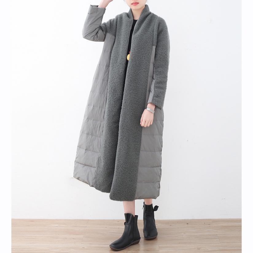 New light gray parka oversized V neck patchwork down overcoat women pockets coats - Omychic