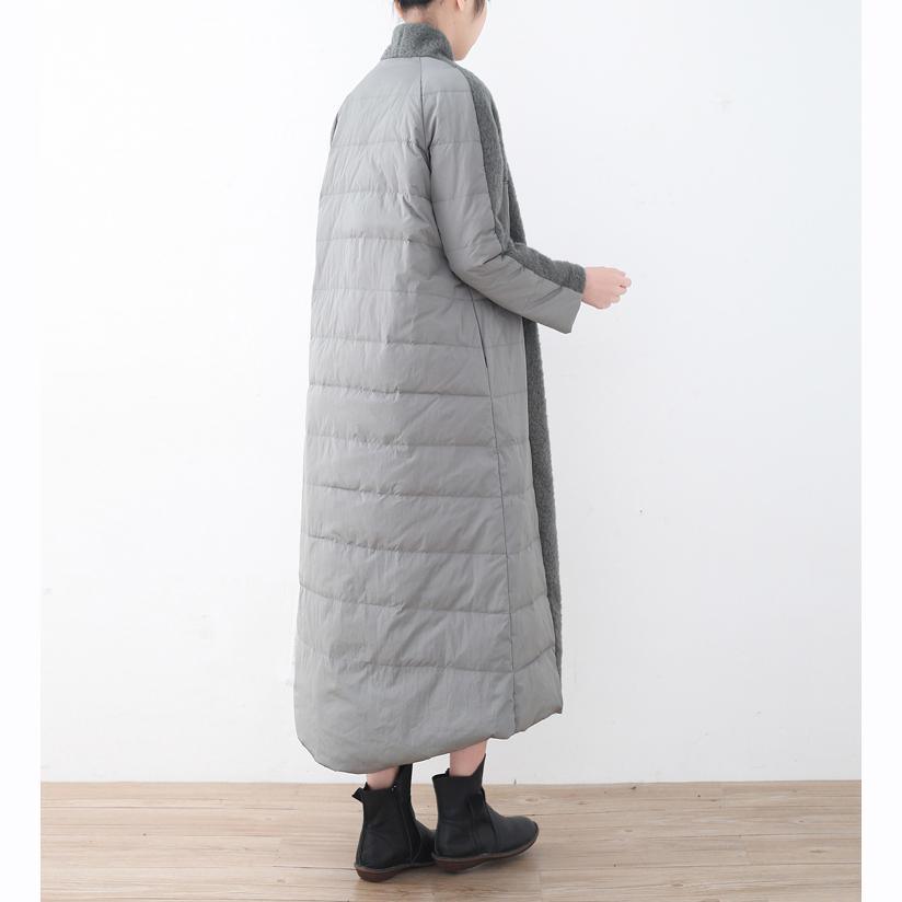 New light gray parka oversized V neck patchwork down overcoat women pockets coats - Omychic