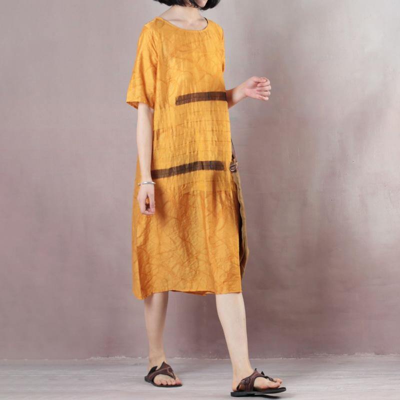 New linen blended knee dress Loose fitting Casual Loose Short Sleeve Round Neck Yellow Dress - Omychic