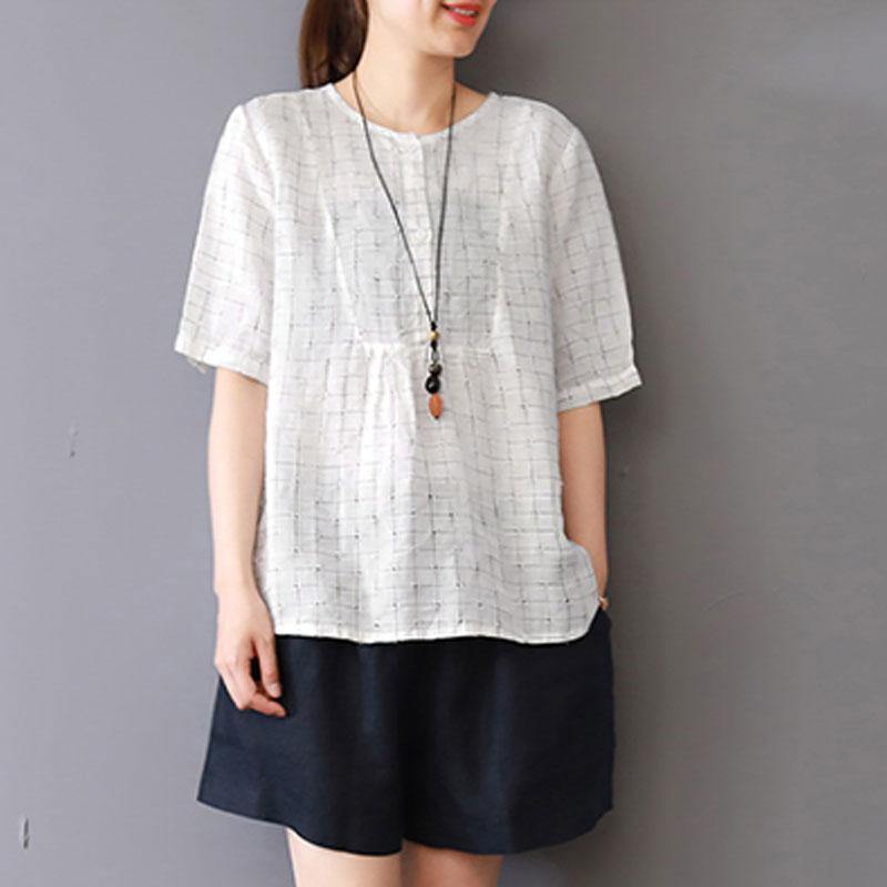 New linen blouse plus size Summer Round Neck Lattice Short Sleeve White Blouse - Omychic