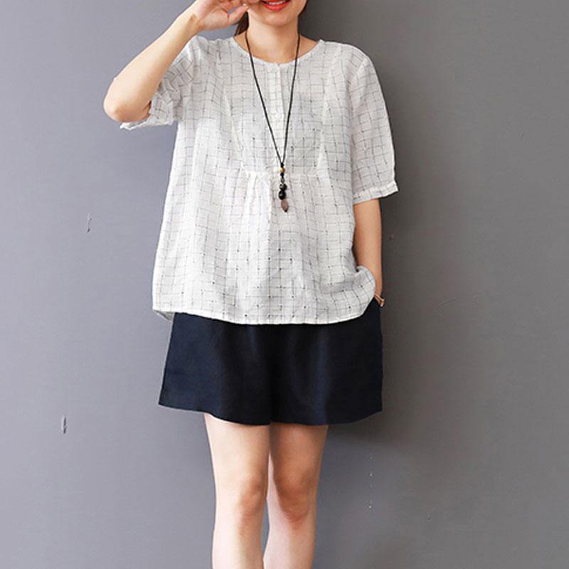 New linen blouse plus size Summer Round Neck Lattice Short Sleeve White Blouse - Omychic