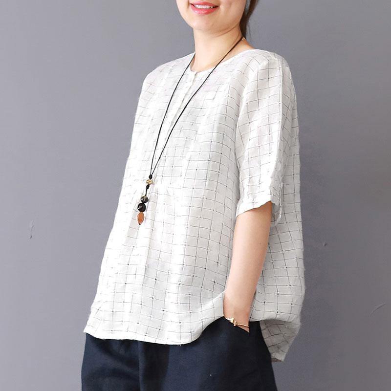 New linen blouse plus size Summer Round Neck Lattice Short Sleeve White Blouse - Omychic