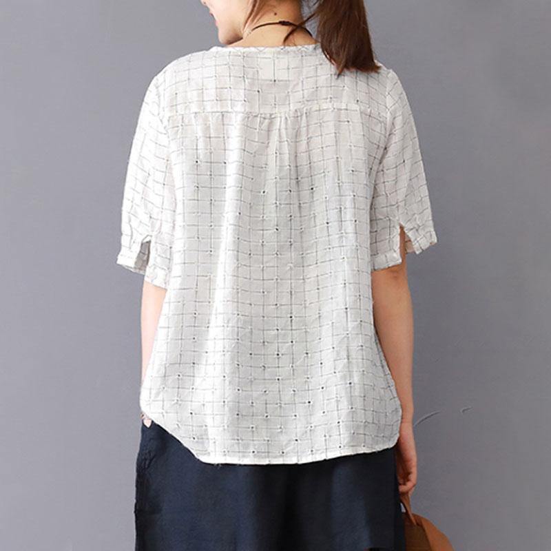 New linen blouse plus size Summer Round Neck Lattice Short Sleeve White Blouse - Omychic