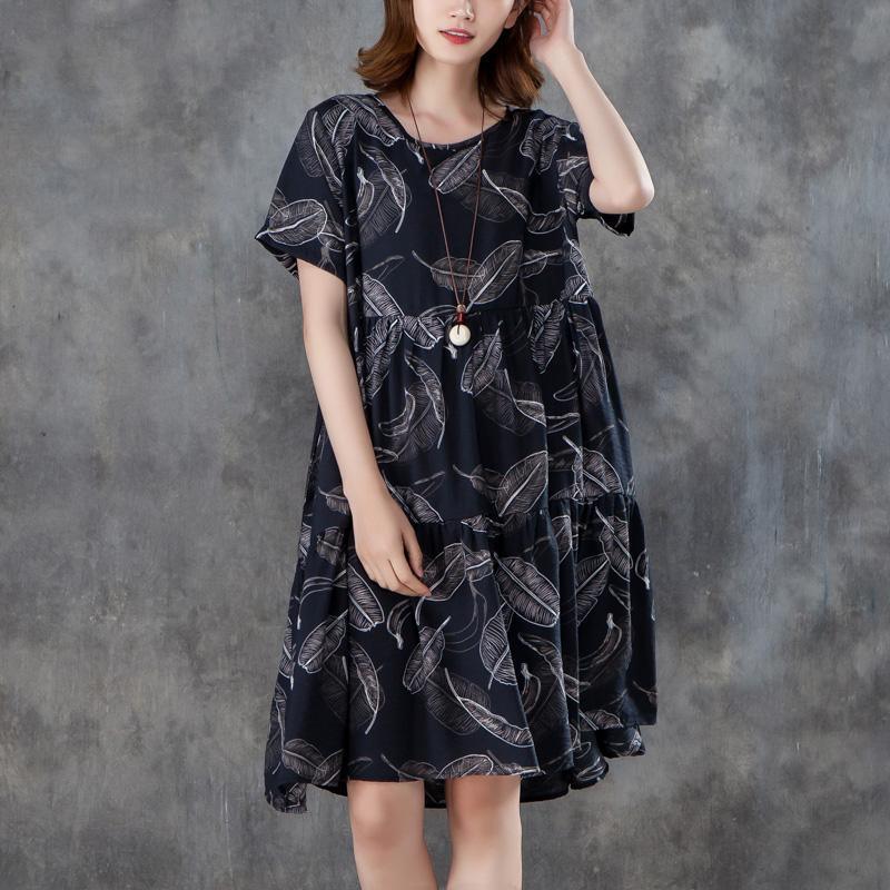 New linen cotton dress plus size Women Short Sleeve Printed Pleated Black Dress - Omychic