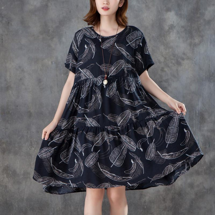 New linen cotton dress plus size Women Short Sleeve Printed Pleated Black Dress - Omychic