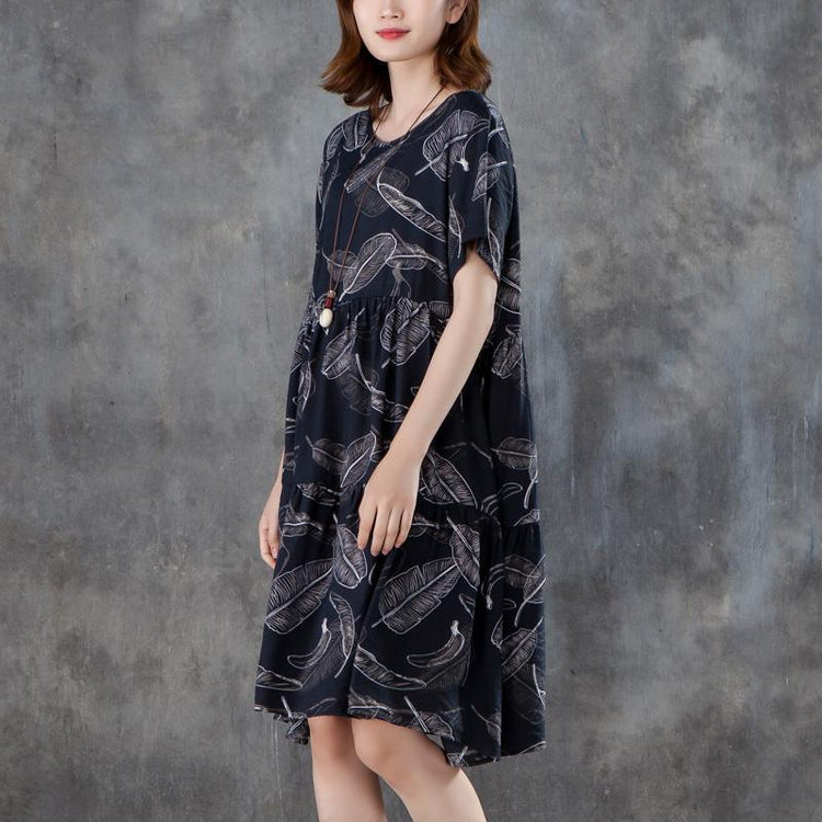 New linen cotton dress plus size Women Short Sleeve Printed Pleated Black Dress - Omychic