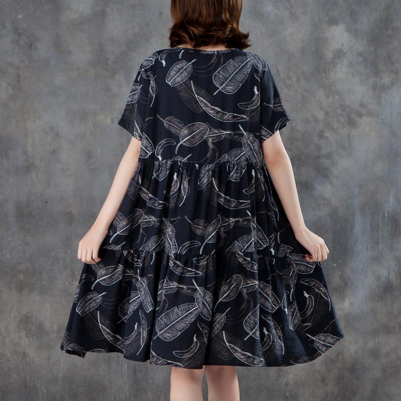 New linen cotton dress plus size Women Short Sleeve Printed Pleated Black Dress - Omychic