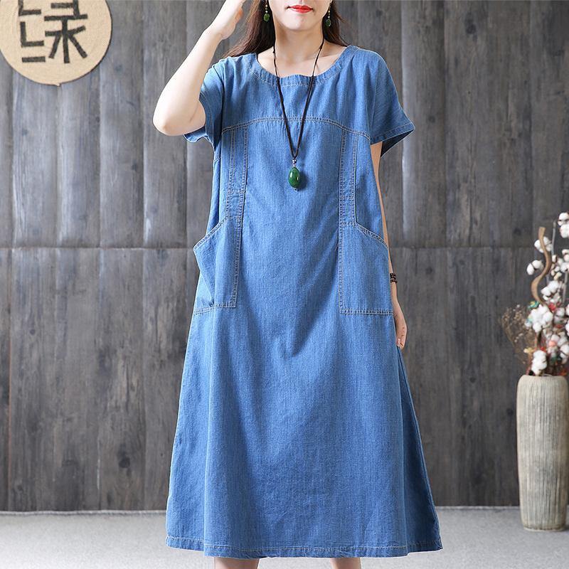 New Long Cotton Dress Plus Size Clothing Denim Pockets Summer Short Sleeve Loose Blue Dress ( Limited Stock) - Omychic