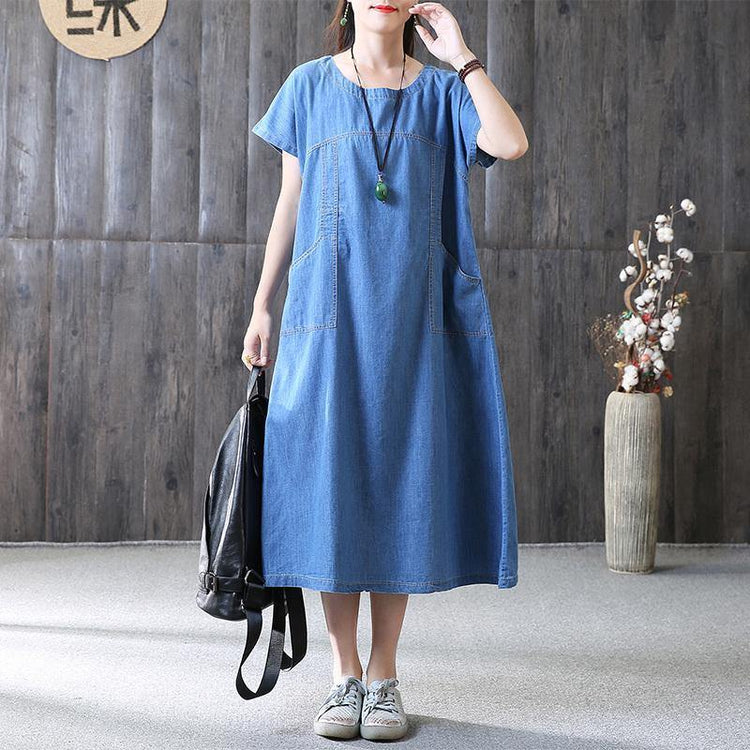 New Long Cotton Dress Plus Size Clothing Denim Pockets Summer Short Sleeve Loose Blue Dress ( Limited Stock) - Omychic