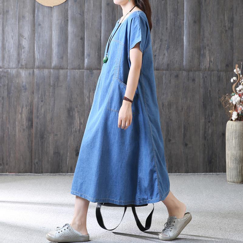 New Long Cotton Dress Plus Size Clothing Denim Pockets Summer Short Sleeve Loose Blue Dress ( Limited Stock) - Omychic