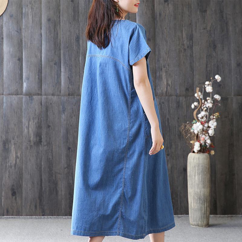 New Long Cotton Dress Plus Size Clothing Denim Pockets Summer Short Sleeve Loose Blue Dress ( Limited Stock) - Omychic