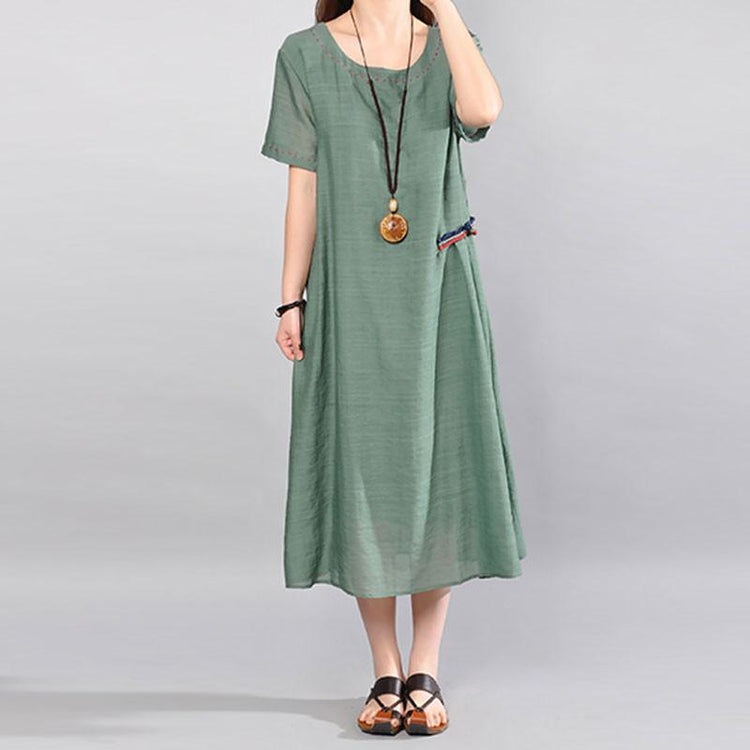 New long linen blended dress trendy plus size Retro Women Loose Casual Summer Splicing Green Short Sleeves Dress - Omychic