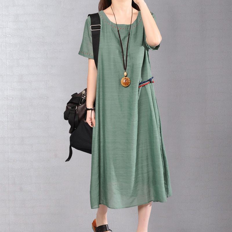 New long linen blended dress trendy plus size Retro Women Loose Casual Summer Splicing Green Short Sleeves Dress - Omychic