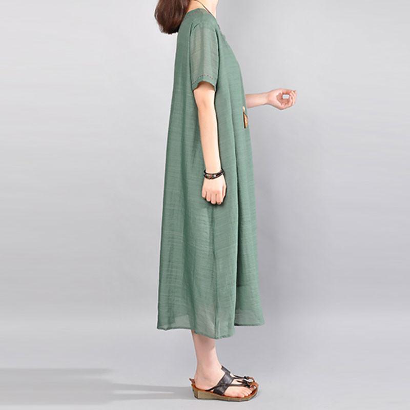 New long linen blended dress trendy plus size Retro Women Loose Casual Summer Splicing Green Short Sleeves Dress - Omychic