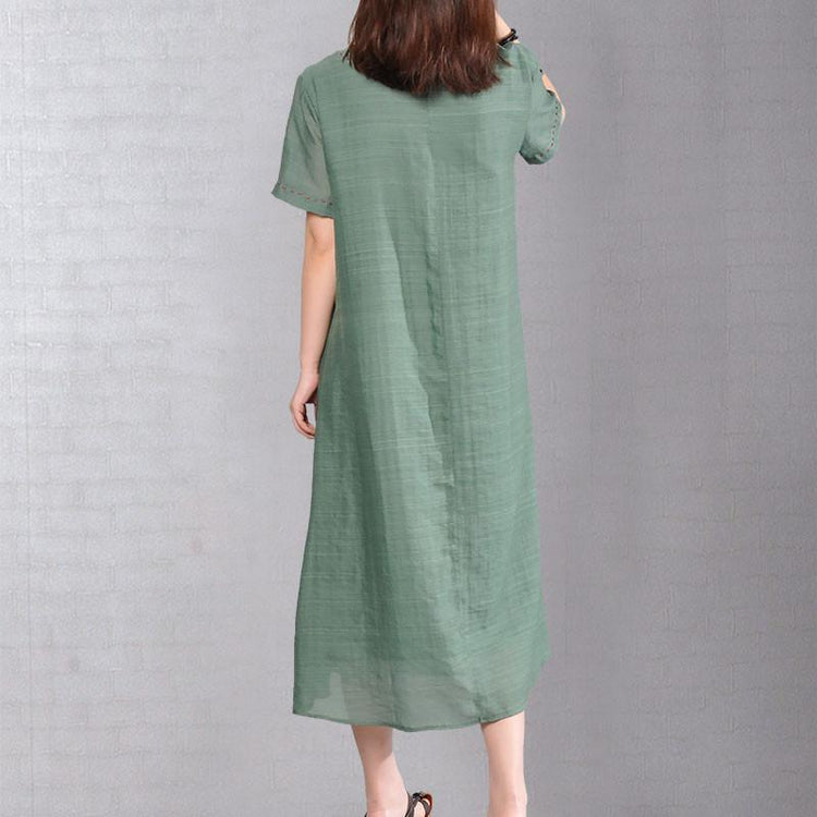 New long linen blended dress trendy plus size Retro Women Loose Casual Summer Splicing Green Short Sleeves Dress - Omychic