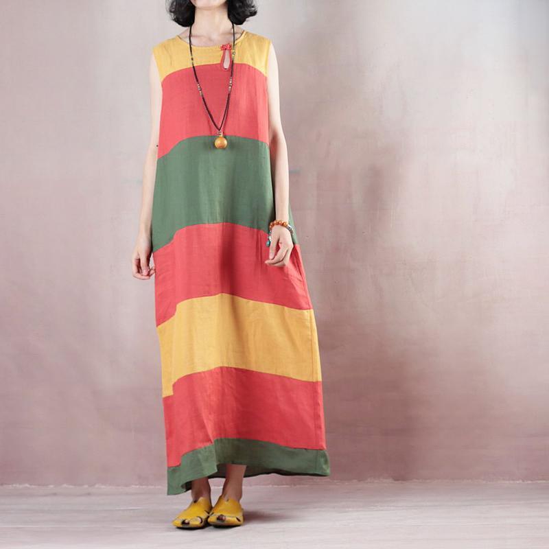 New multicolor striped linen maxi dress trendy plus size O neck linen maxi dress - Omychic