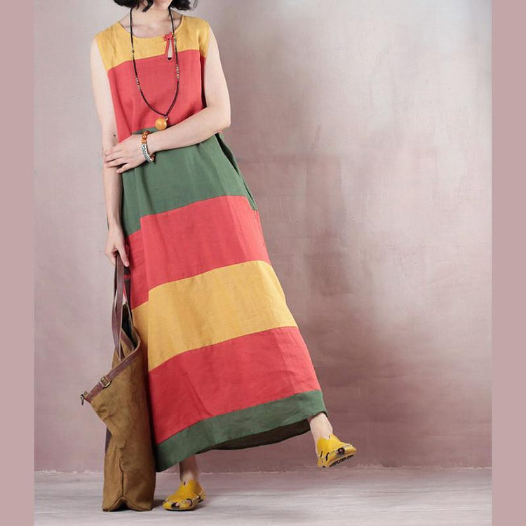 New multicolor striped linen maxi dress trendy plus size O neck linen maxi dress - Omychic