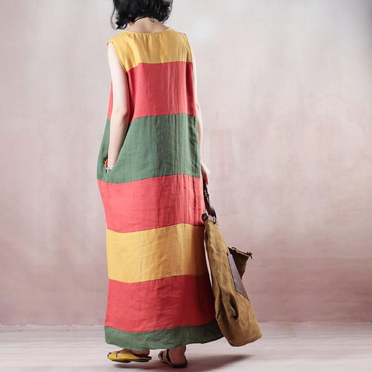 New multicolor striped linen maxi dress trendy plus size O neck linen maxi dress - Omychic