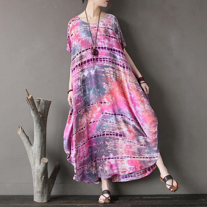 New natural cotton dress trendy plus size Ethnic Summer Round Neck Short Sleeve Printed Dress - Omychic