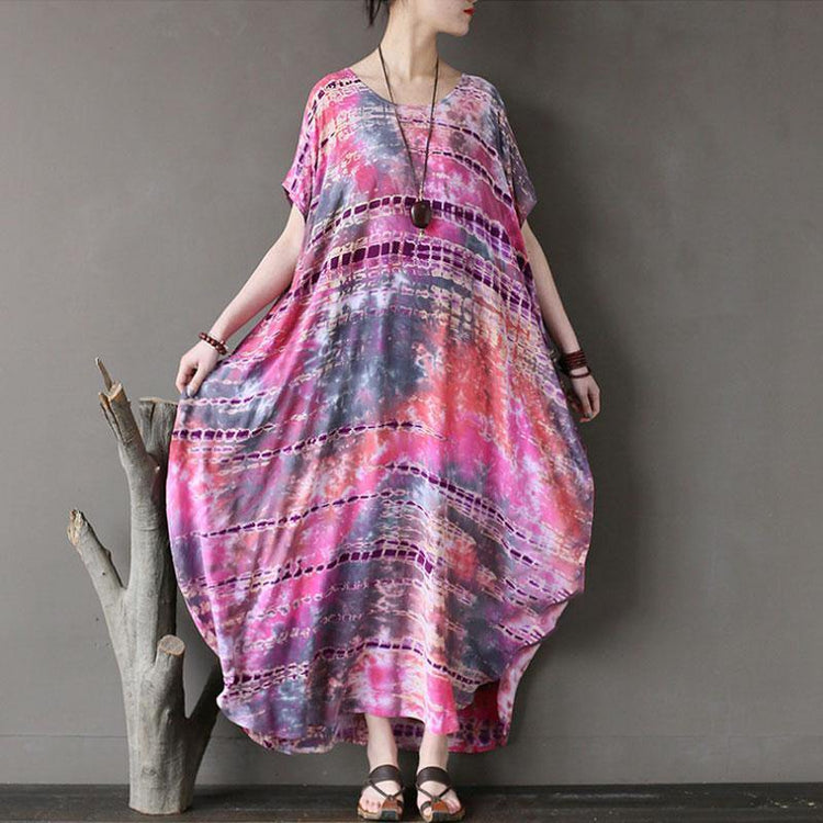 New natural cotton dress trendy plus size Ethnic Summer Round Neck Short Sleeve Printed Dress - Omychic