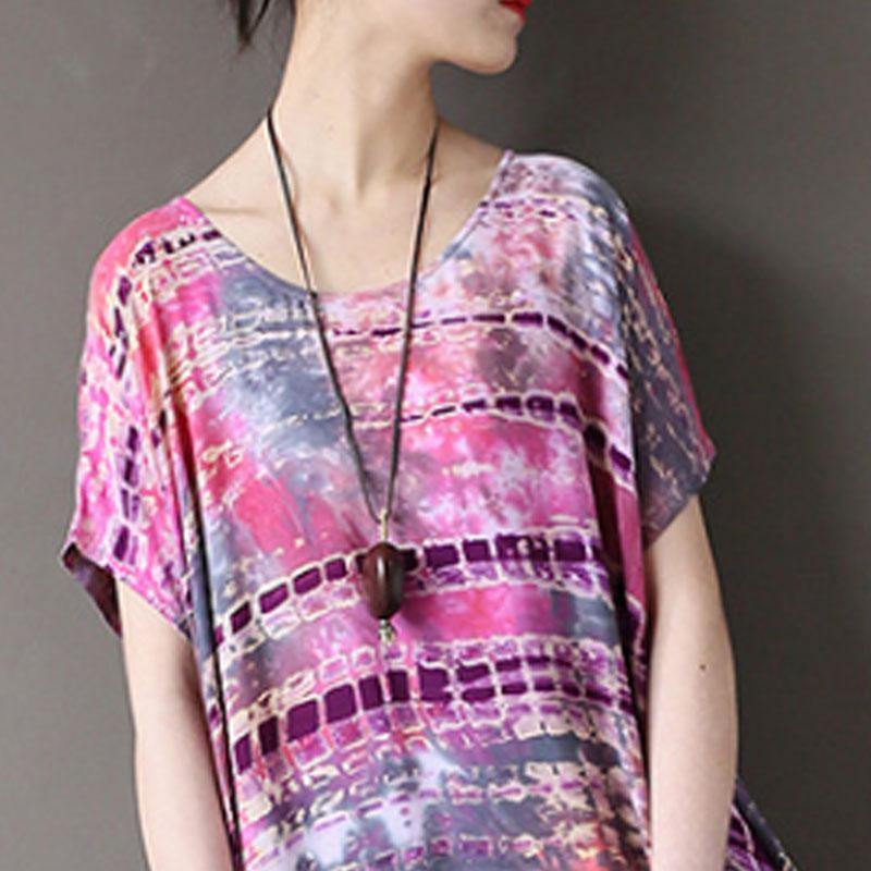 New natural cotton dress trendy plus size Ethnic Summer Round Neck Short Sleeve Printed Dress - Omychic