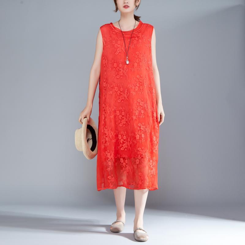 New natural silk blended dress plus size clothing Women Embroidered Pullovers Sleeveless Red Dress - Omychic