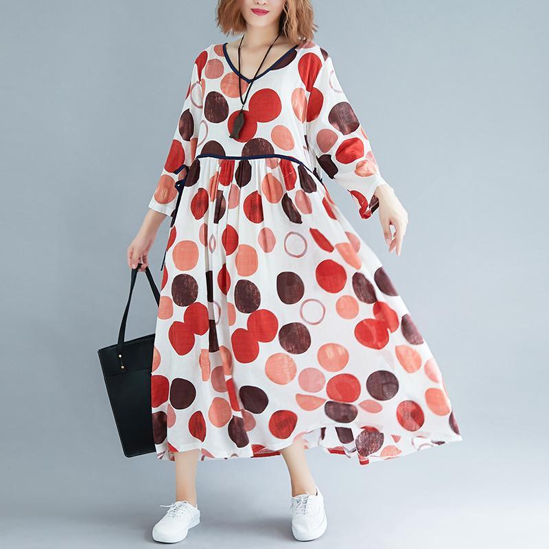 New orange dotted long cotton dress plus size v neck patchwork cotton gown New long sleeve cotton dress - Omychic